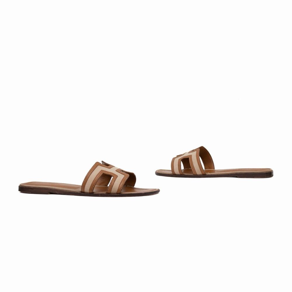 900$ HERMÈS Oran H Canvas & Leather Flat Slide Sandals Brown EU 41 US 10.5